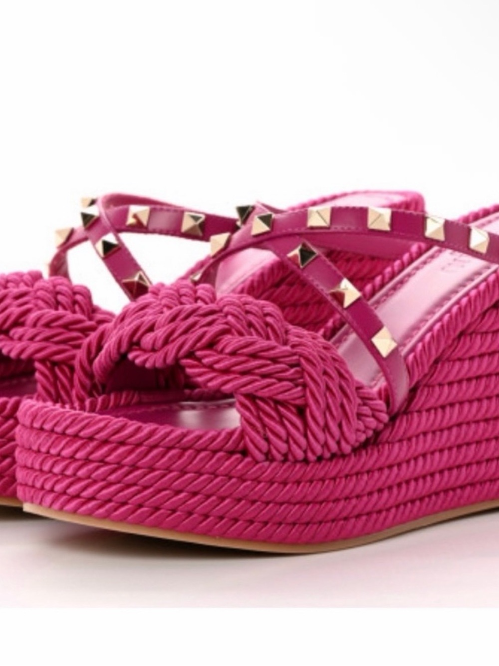 Valentino Fuchsia Rope Platform Wedge with Gold Studs